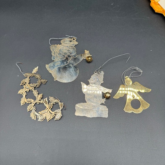 Vintage Brass Ornament Lot Metal Snowman Angel Penguin Wreath Holiday Set - Picture 1 of 8